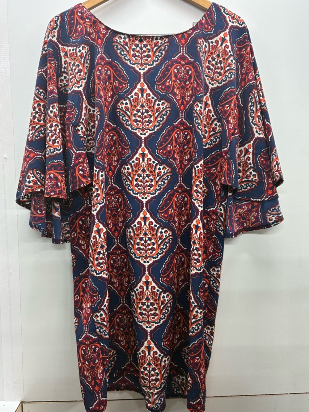 Tracy Negoshian Navy & Rust Paisley Midi Dress with Bell Sleeves